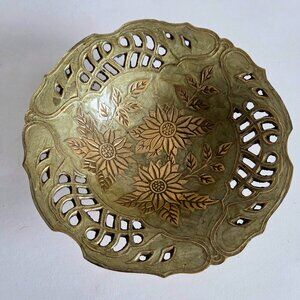 7'' wide enamel brass trinket/ring dish on pedestal with floral design.